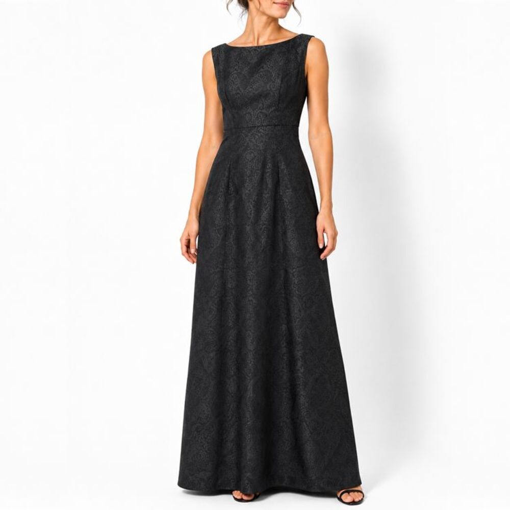 VTG Jennifer Dallas Jacquard Formal Evening Gown Maxi Dress Rhinestone V Back